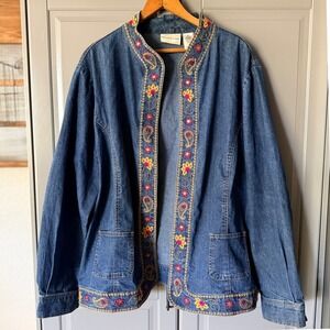 Alfred Dunner Vintage Womens Folk Embroidered Floral Open Front Denim Jacket, 20